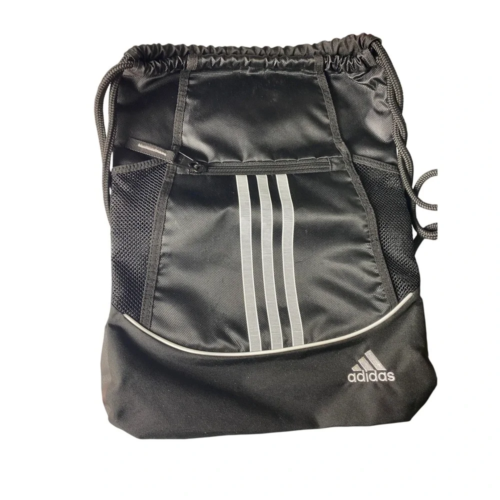 Adidas Drawstring Backpack Black White 3-Stripe Cinch Sack Gym Bag Mesh Pockets